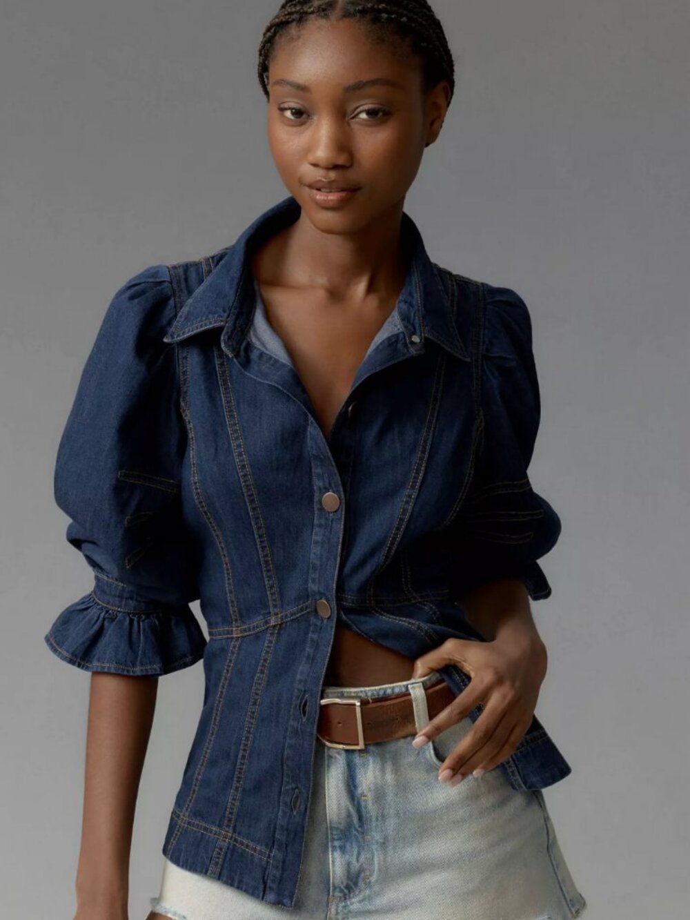 By Anthropologie Puff-Sleeve Denim Buttondown Shirt,
